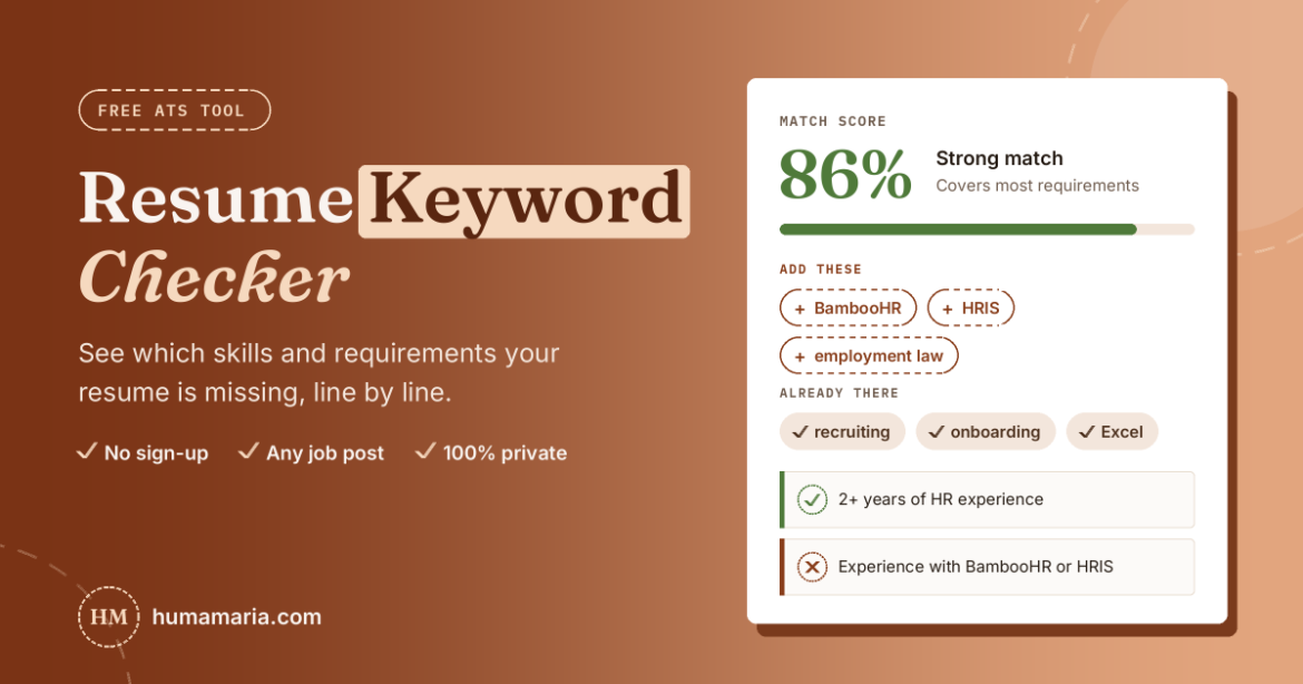 Free Resume Keyword Checker by Humamaria: see which skills and requirements your resume is missing