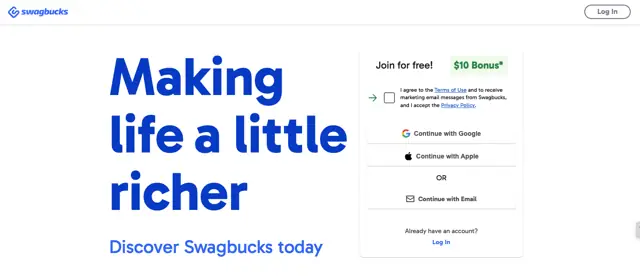 Swagbucks sign-up page showing join for free and a $10 bonus, a site that pays you to read and share opinions